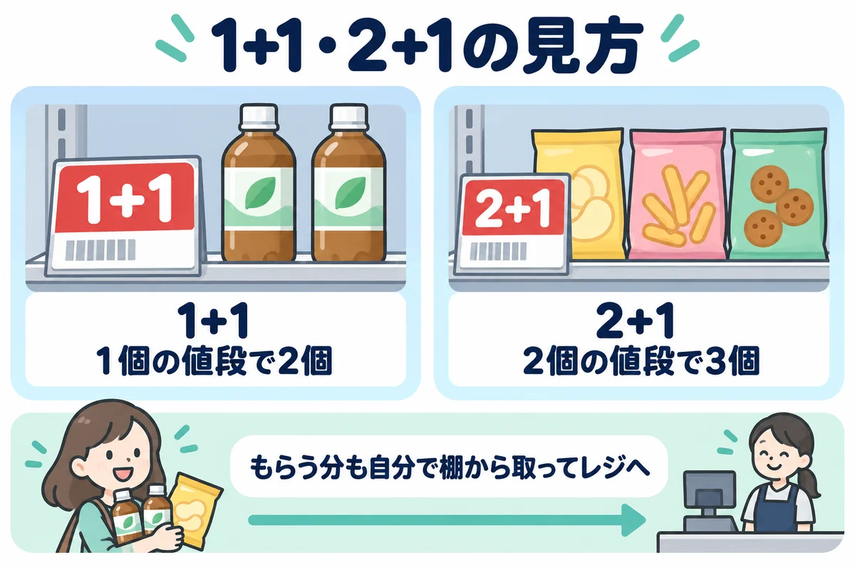 1+1と2+1の見方の図。1+1は1個の値段で2個、2+1は2個の値段で3個