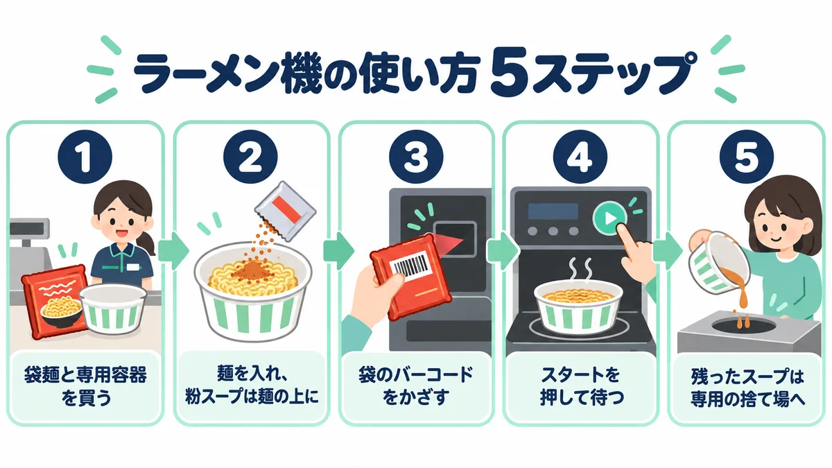 ラーメン機の使い方5ステップの図
