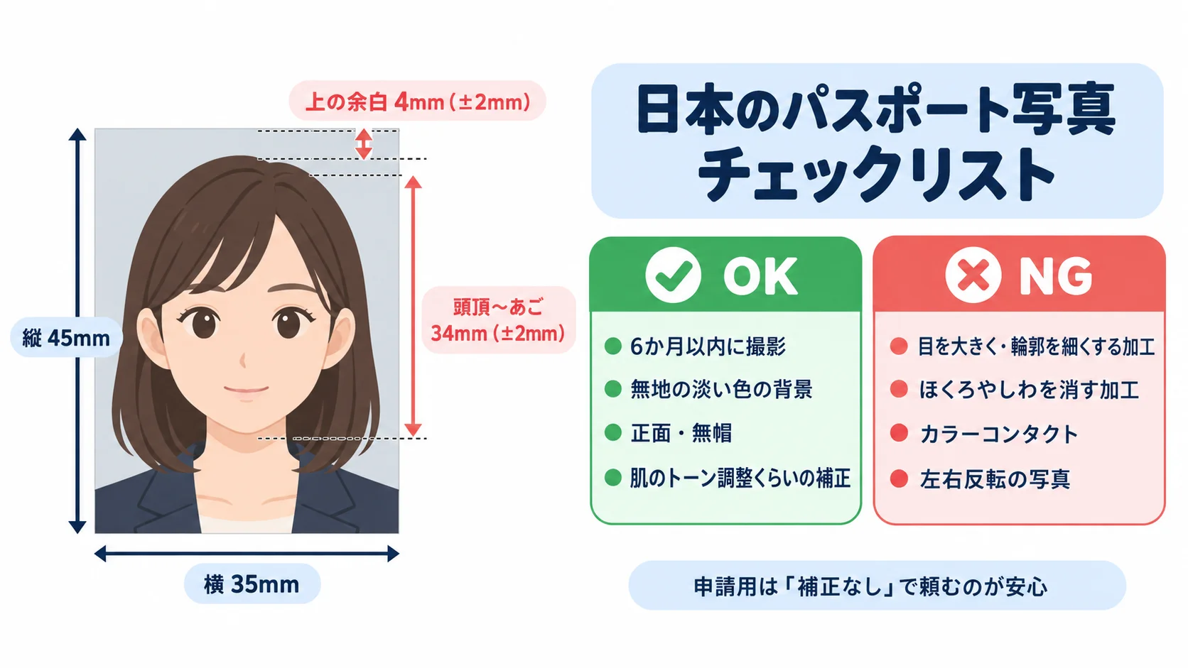 日本のパスポート写真の規格図。縦45mm×横35mm、頭頂からあごまで34mm前後、OKとNGの例