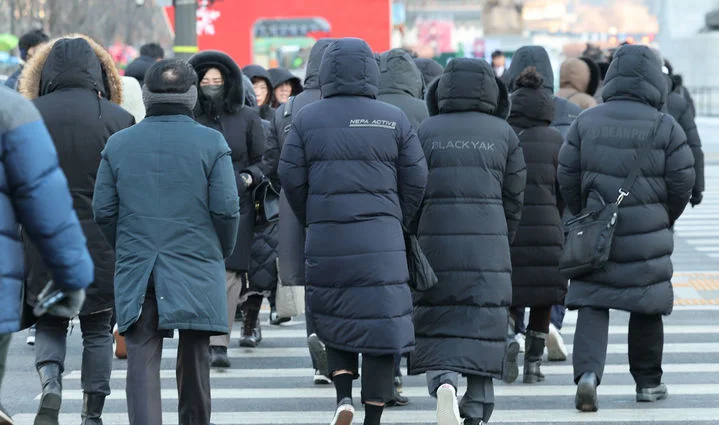 冬のソウルの横断歩道を、ロングダウンを着て渡る人たち