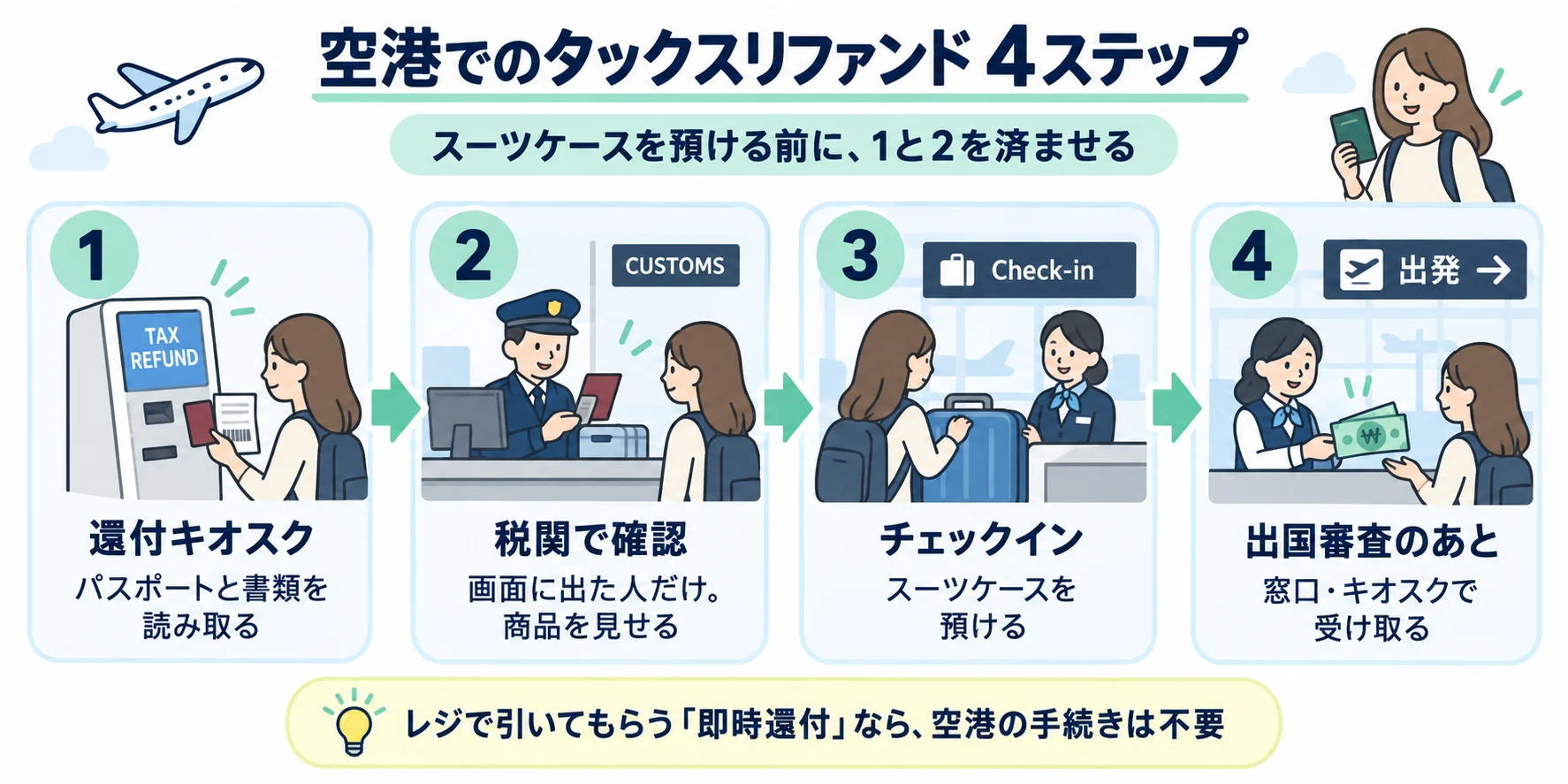 空港でのタックスリファンドの4ステップ。還付キオスク、税関で確認、チェックイン、出国審査のあとで受け取り