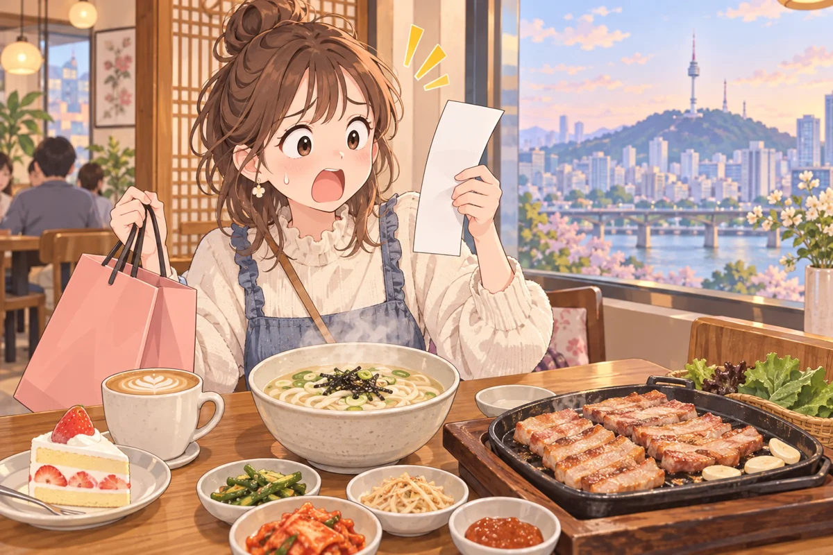 ソウルの食堂で会計を見て驚く旅行者のイラスト