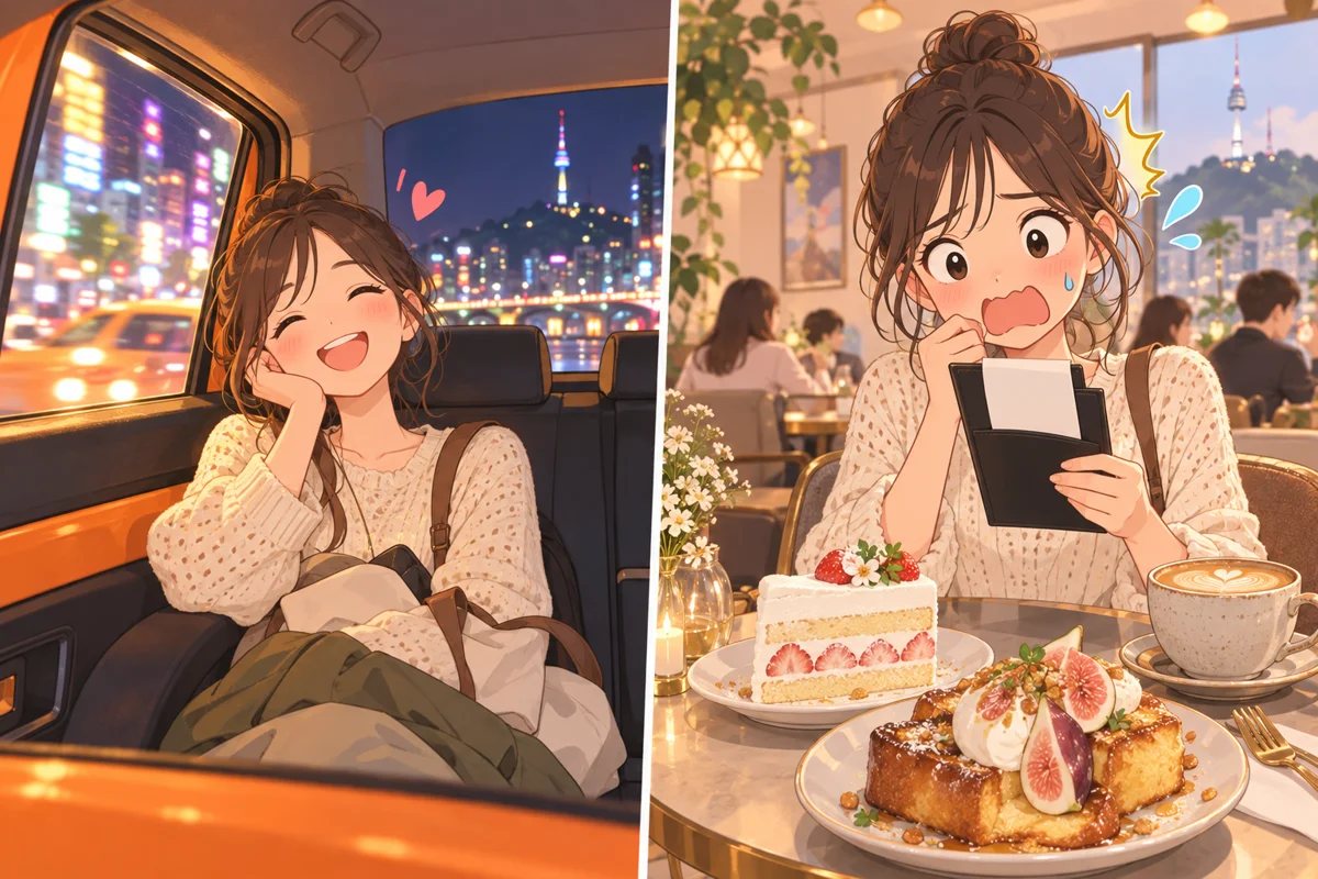 タクシーでくつろぐ旅行者と、カフェの会計で驚く旅行者のイラスト