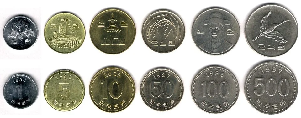 韓国の硬貨。左から1・5・10・50・100・500ウォン