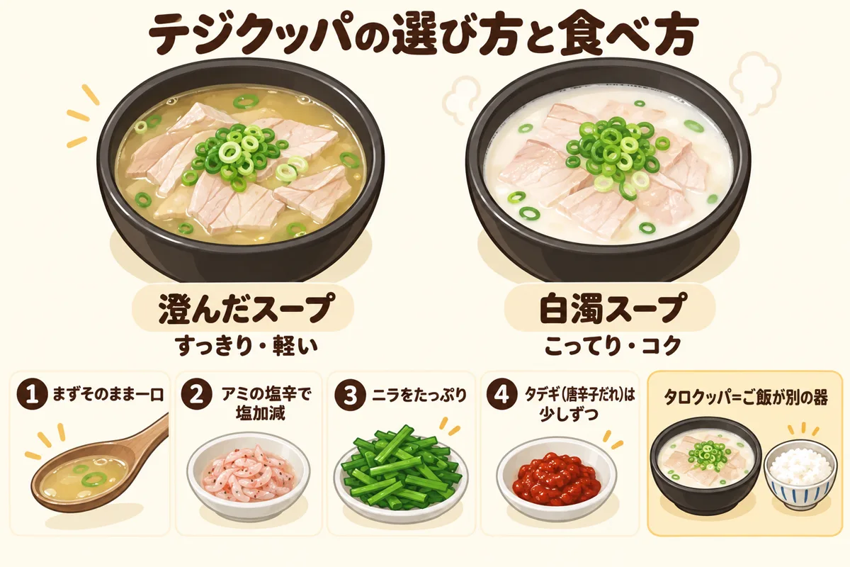 テジクッパの選び方と食べ方のイラスト。左に澄んだスープ、右に白濁スープの器、下に食べ方の4つの手順