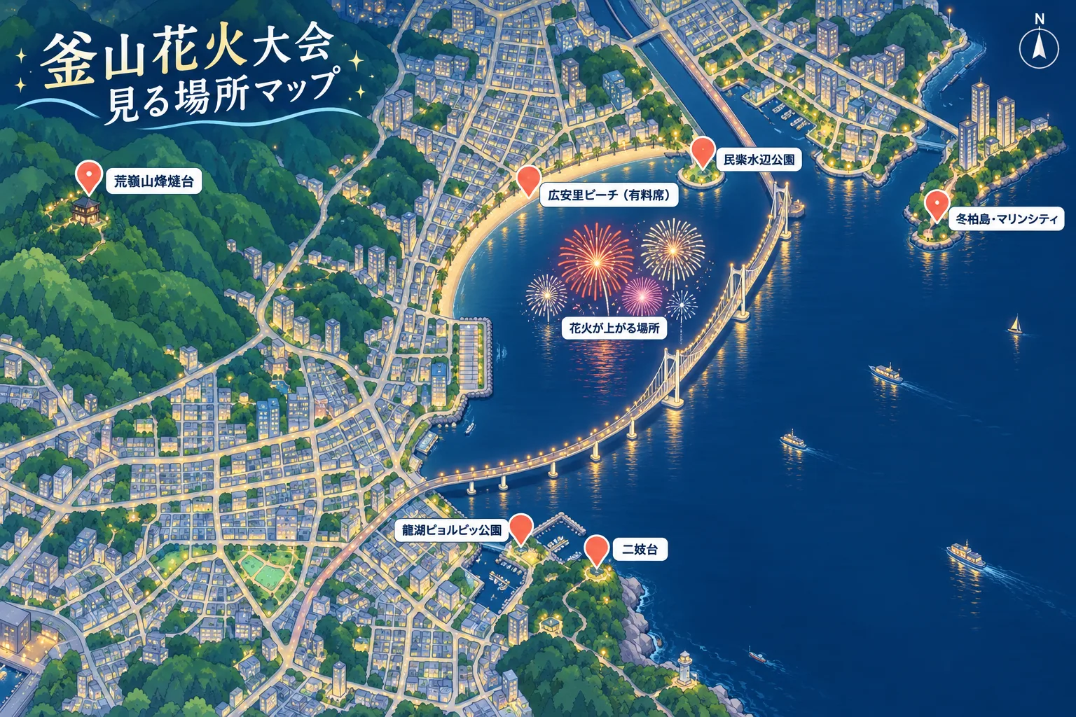 釜山花火大会の見る場所マップ。花火は広安里ビーチ前の海と広安大橋で上がり、浜の北に民楽水辺公園、向かい側に二妓台と龍湖ピョルビッ公園、山の上に荒嶺山烽燧台、東に冬柏島・マリンシティ