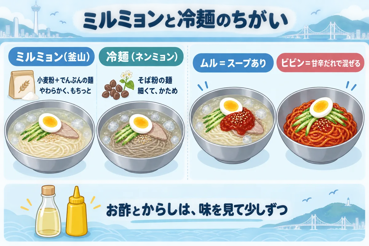 ミルミョンと冷麺のちがいのイラスト。小麦粉とでんぷんの麺とそば粉の麺、スープありのムルとたれで混ぜるビビン