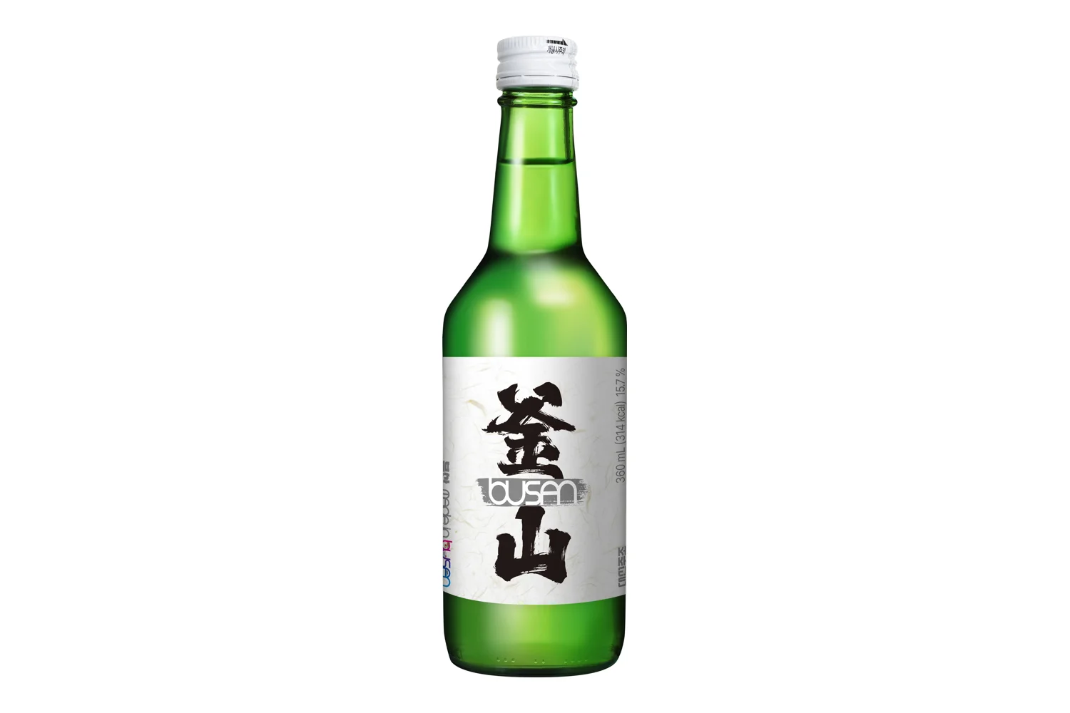 筆文字で「釜山」と書かれた焼酎のボトル