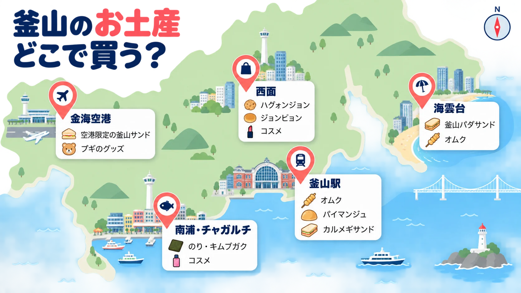 釜山の簡単な地図。金海空港は空港限定の釜山サンドとプギのグッズ、西面はハグォンジョン・ジョンビョン・コスメ、釜山駅はオムク・パイマンジュ・カルメギサンド、南浦・チャガルチはのり・キムブガク・コスメ、海雲台は釜山パダサンドとオムク