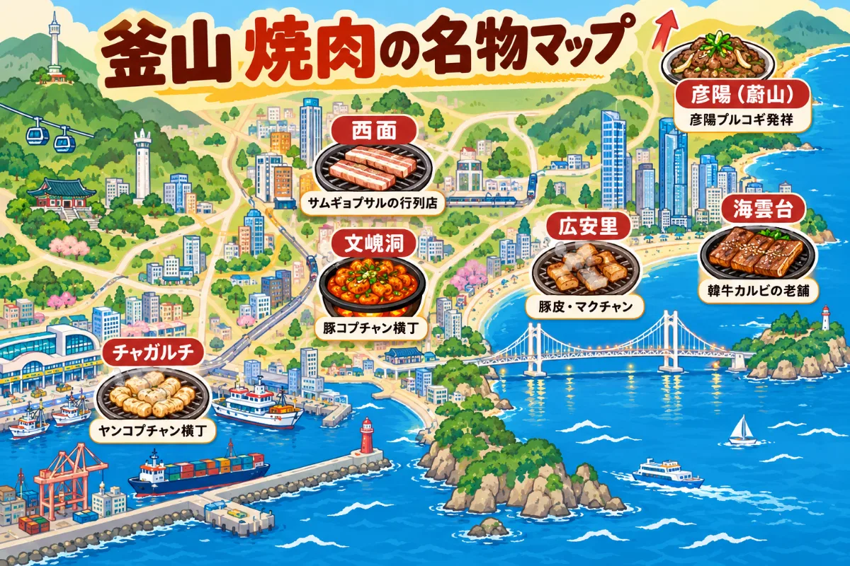 釜山 焼肉の名物マップ。海雲台・広安里・西面・文峴洞・チャガルチ・彦陽の名物を描いた地図