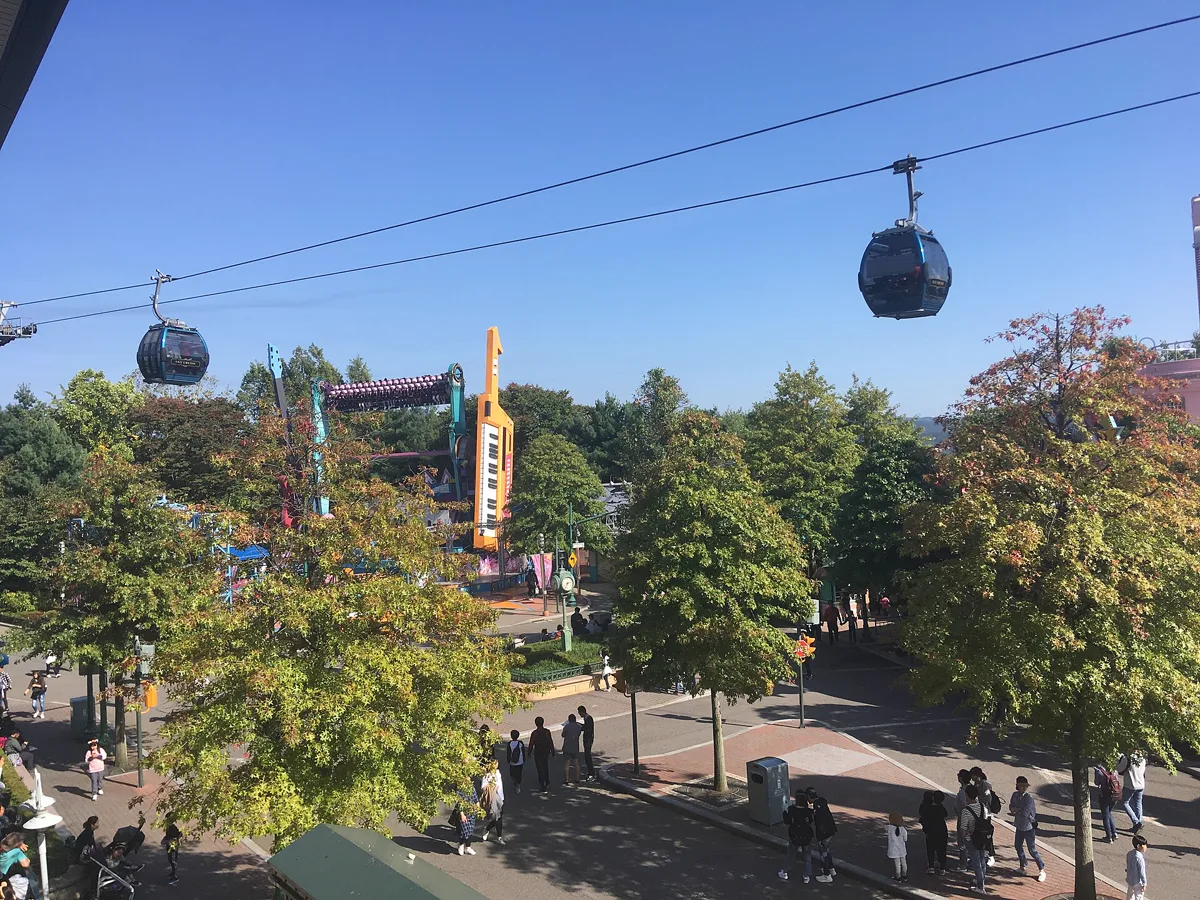木々の奥に見えるダブルロックスピンと上空を行くスカイクルーズ