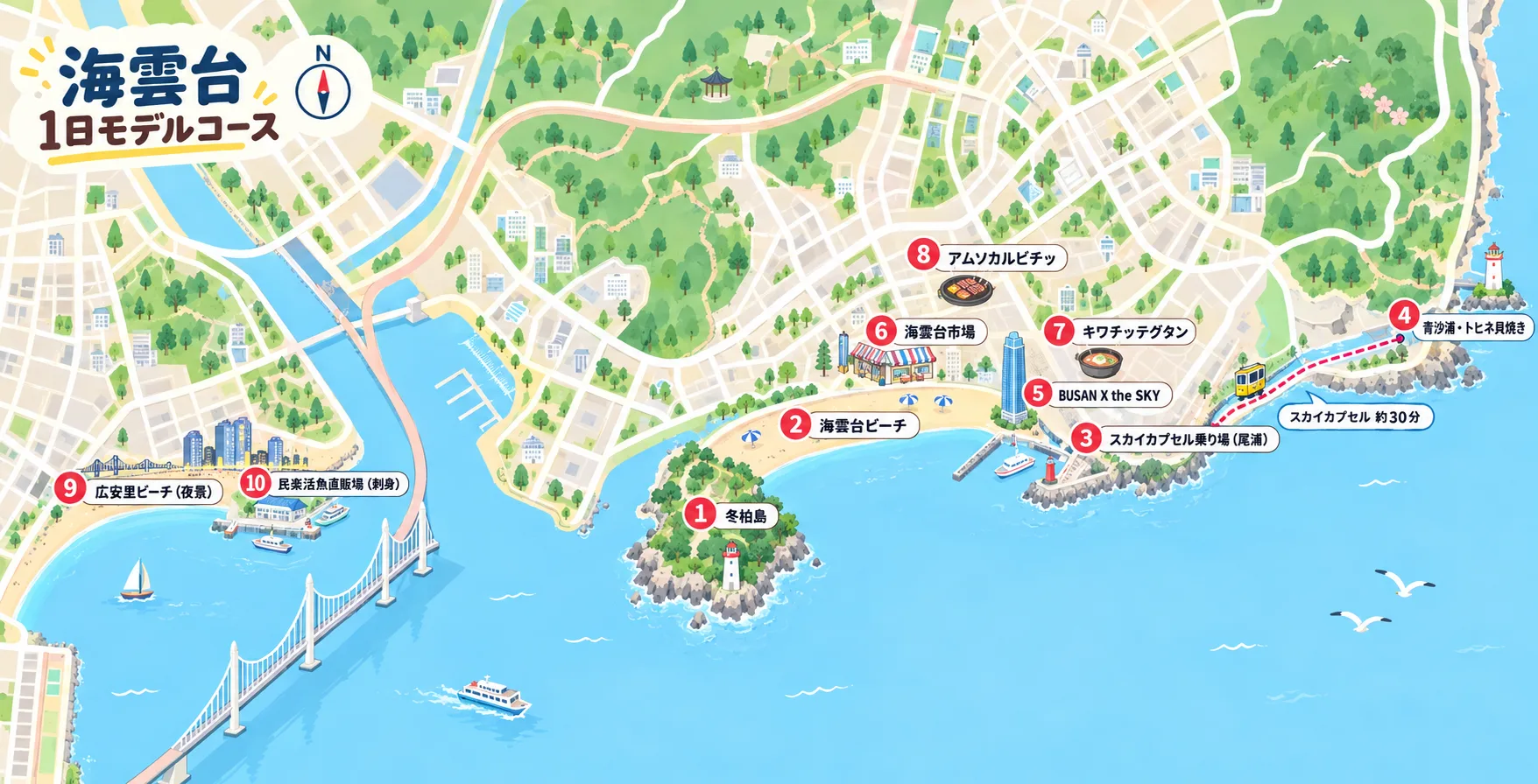 海雲台1日モデルコースの地図。冬柏島からビーチ、スカイカプセル、青沙浦、X the SKY、市場、広安里までの位置