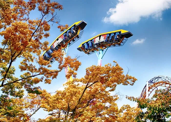 紅葉の向こうで回る絶叫系の乗り物