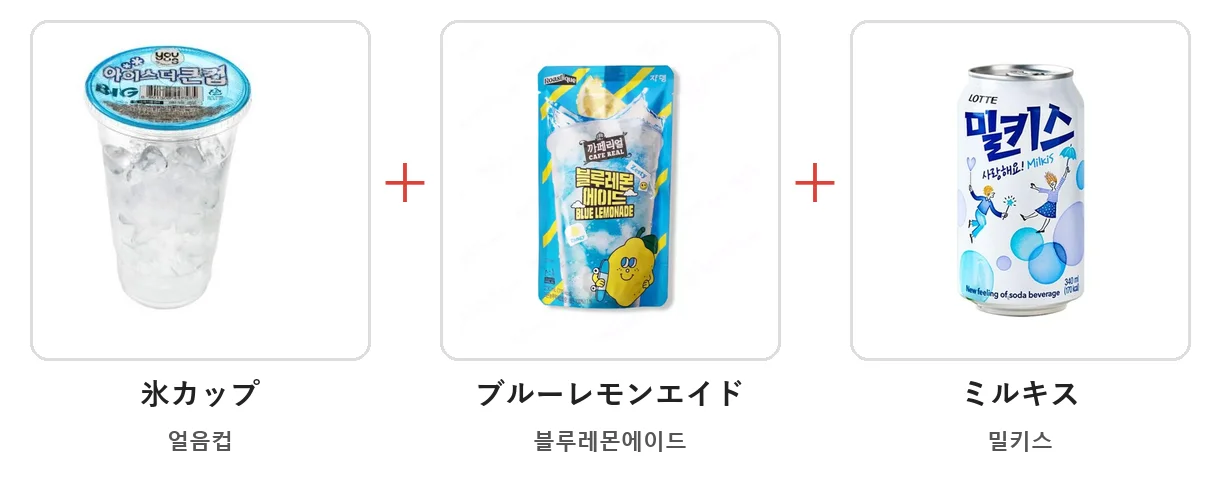 氷カップ、ブルーレモンエイド、ミルキスを＋でつないだ材料の写真