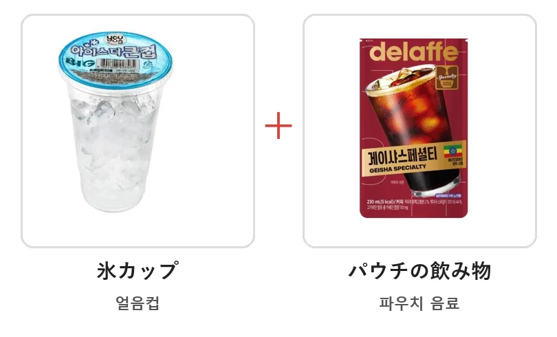 氷カップとパウチのアイスコーヒーを＋でつないだ材料の写真