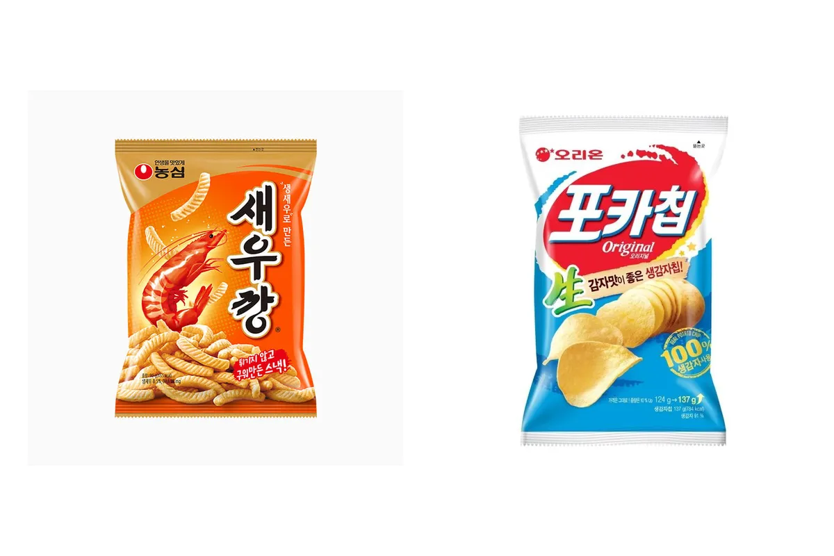 えびの絵の「새우깡」の袋と、青い「포카칩」の袋