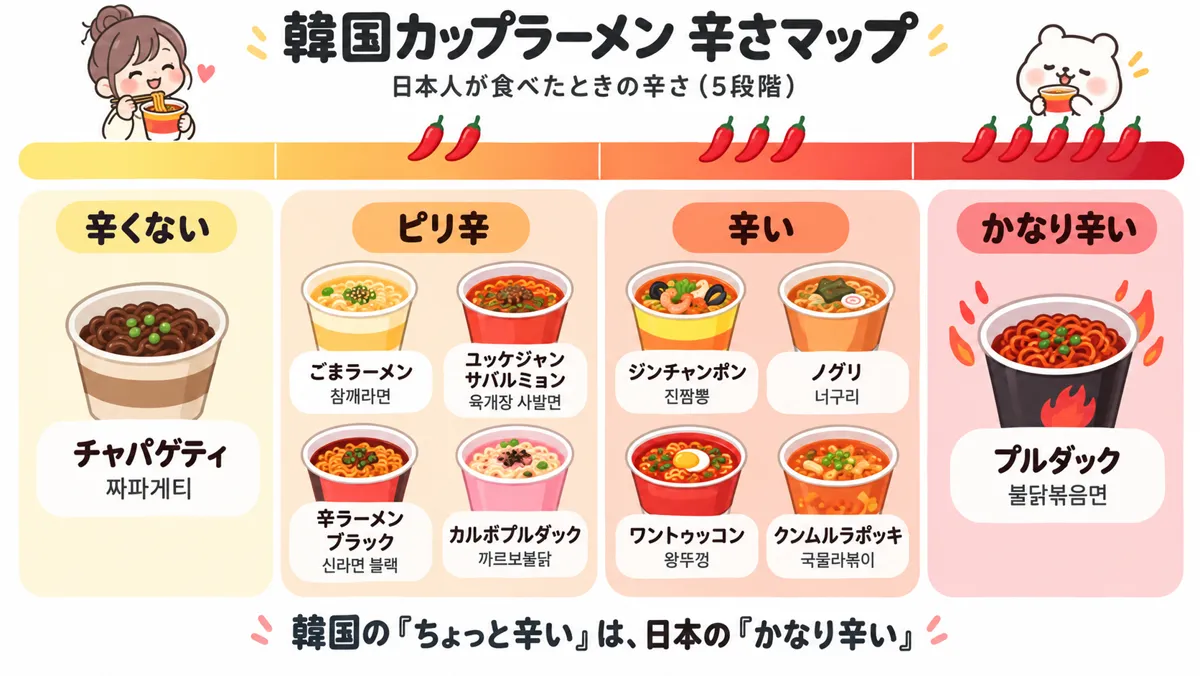韓国カップラーメン 辛さマップ。日本人が食べたときの辛さ（5段階）。辛くない：チャパゲティ。ピリ辛：ごまラーメン、ユッケジャン サバルミョン、辛ラーメン ブラック、カルボプルダック。辛い：ジンチャンポン、ノグリ、ワントゥッコン、クンムルラポッキ。かなり辛い：プルダック