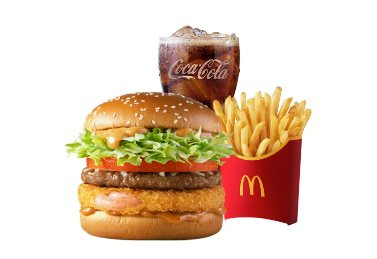 エビのパティとビーフのパティを重ねたバーガーのセット