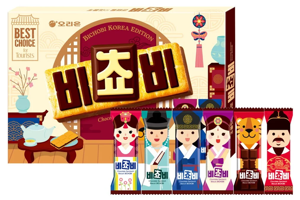 「BICHOBI KOREA EDITION」の箱と、韓服の人や虎が描かれた個包装