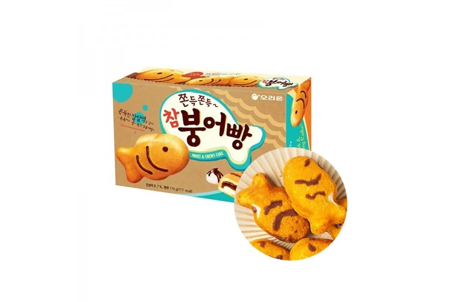 「참붕어빵」の箱と、たい焼きの形のお菓子