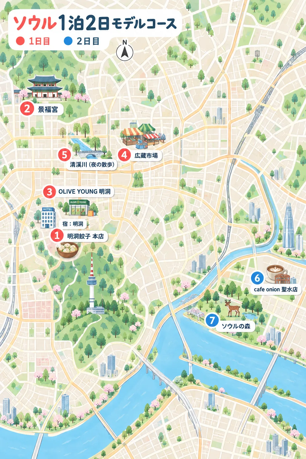 ソウル1泊2日モデルコースの地図。1日目は明洞餃子・景福宮・オリーブヤング・広蔵市場・清渓川、2日目は聖水のcafe onionとソウルの森