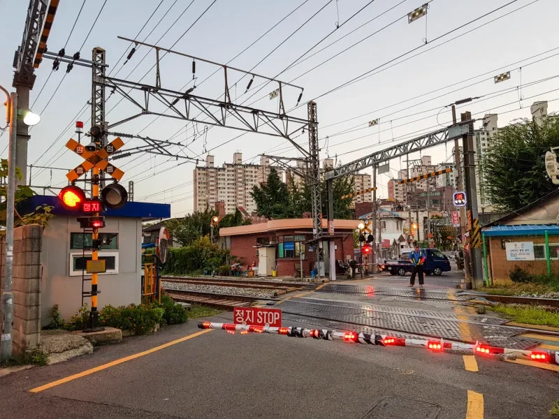 下りた遮断機と赤く光る警報灯、奥に線路
