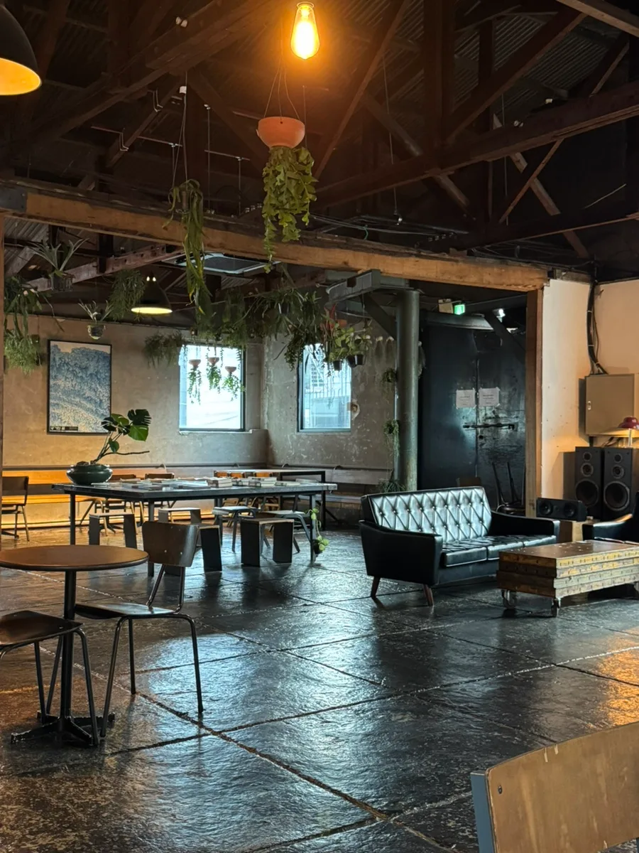 Anthracite Coffee 合井店 — 吊り植物と革張りソファ