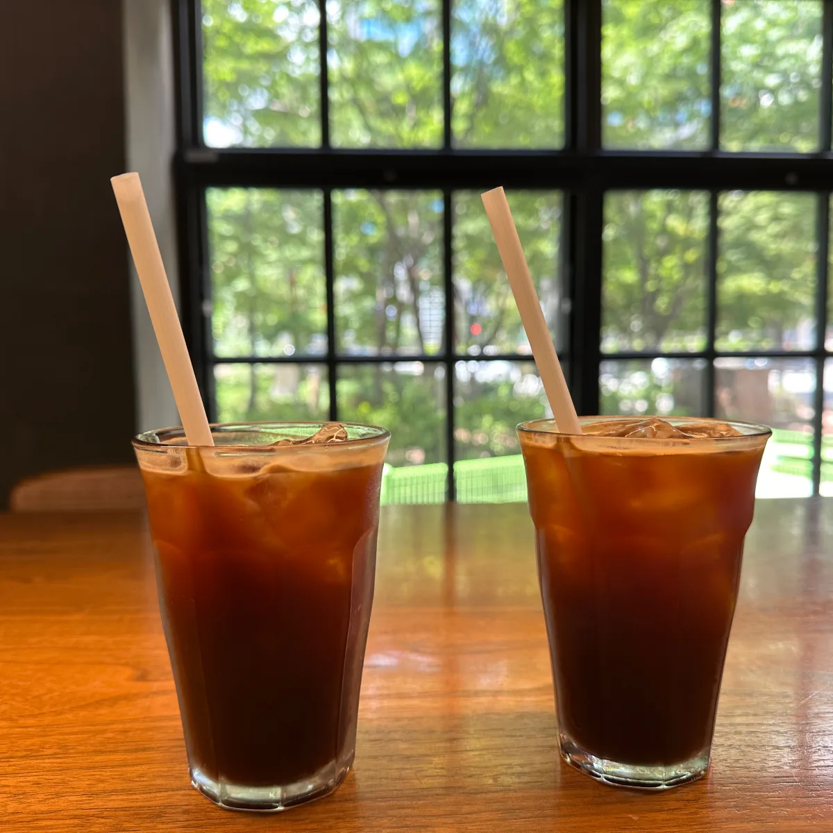 窓辺の緑を望むアイスコーヒー2杯