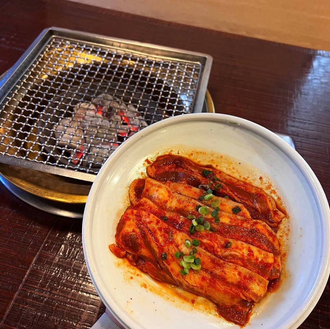 本平壌 芳荑本店 — 炭火網と赤だれの豚肉