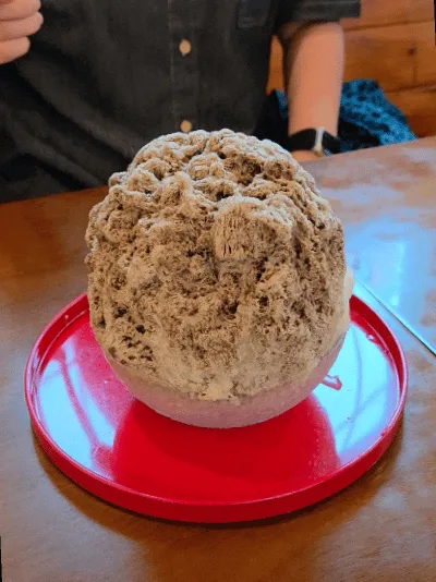 茶色いかき氷の山、赤い皿の上