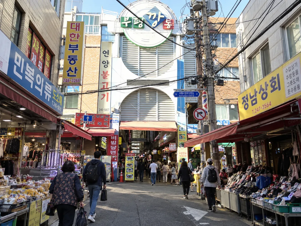 丸い看板を掲げた市場入口