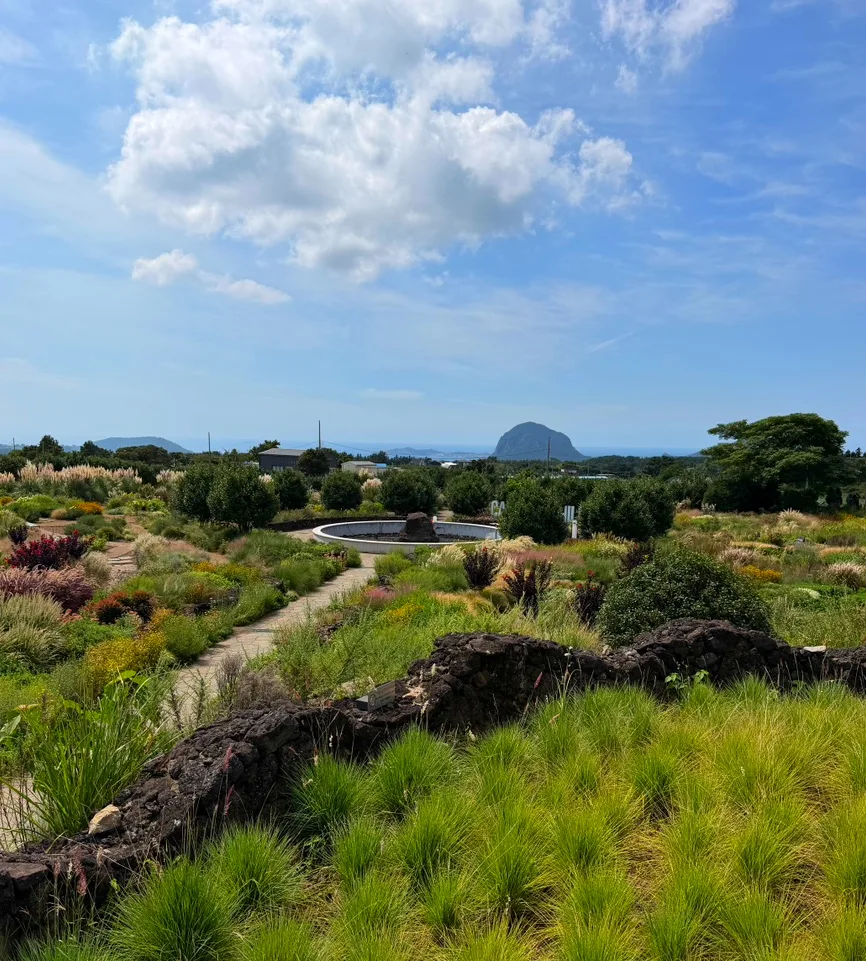 海と山を望む草花の庭