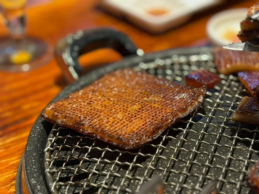 網で焼く切り込み入りの豚皮