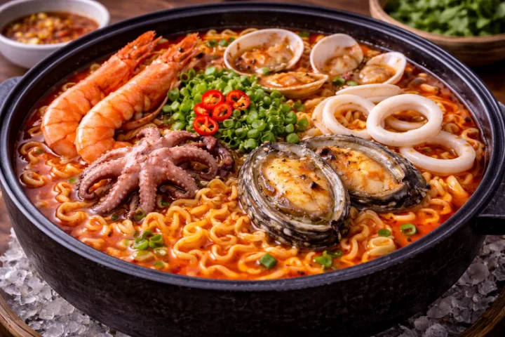 海鮮を盛った赤いラーメン