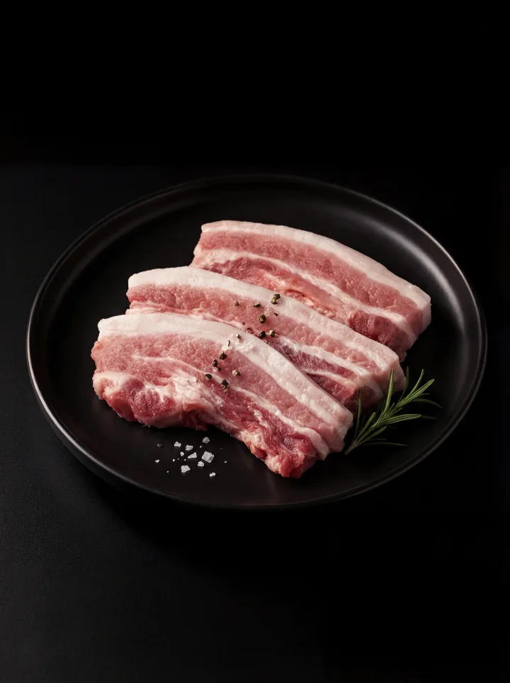 黒皿に並ぶ厚切り豚バラ