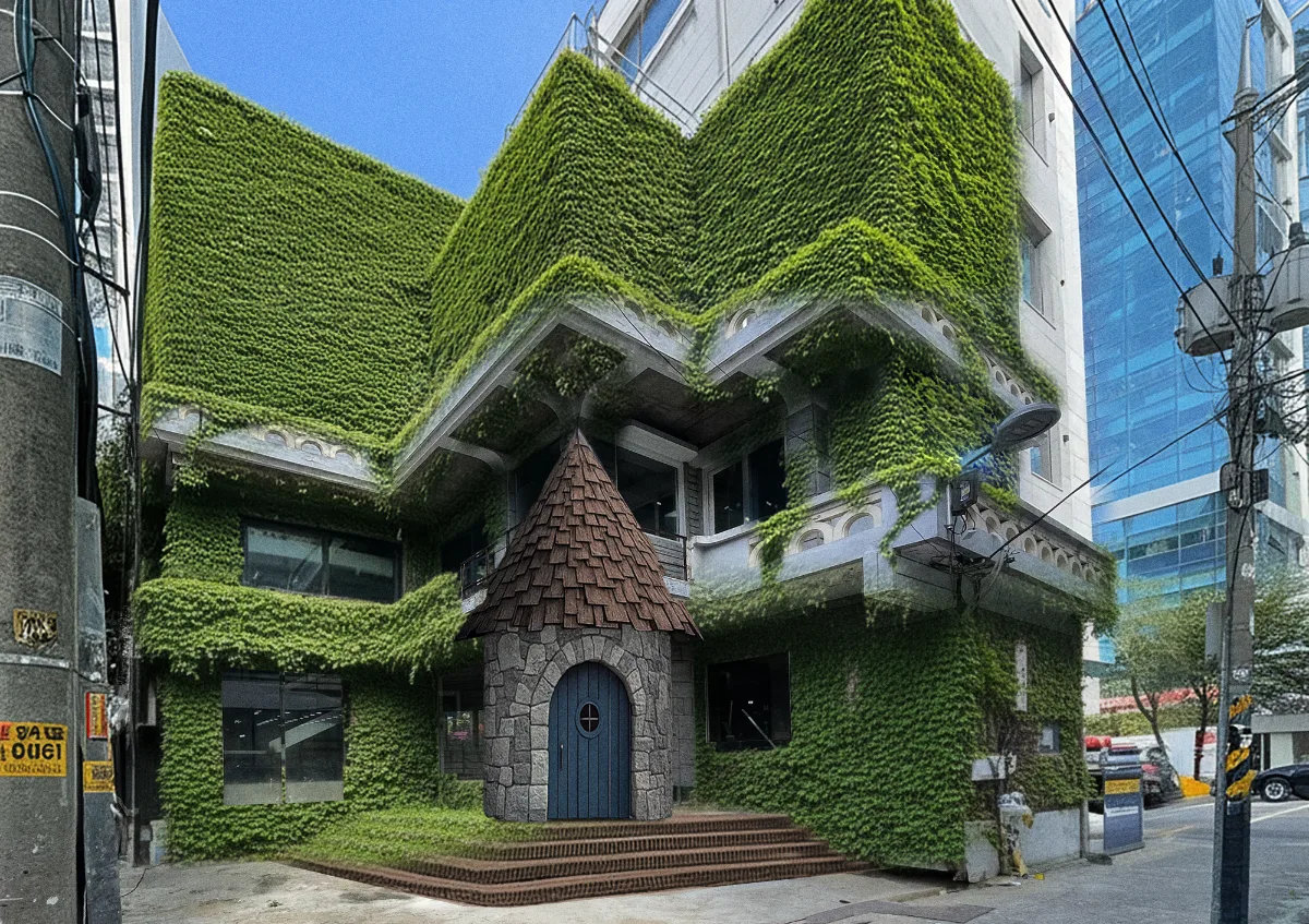 ツタに覆われた尖塔の建物