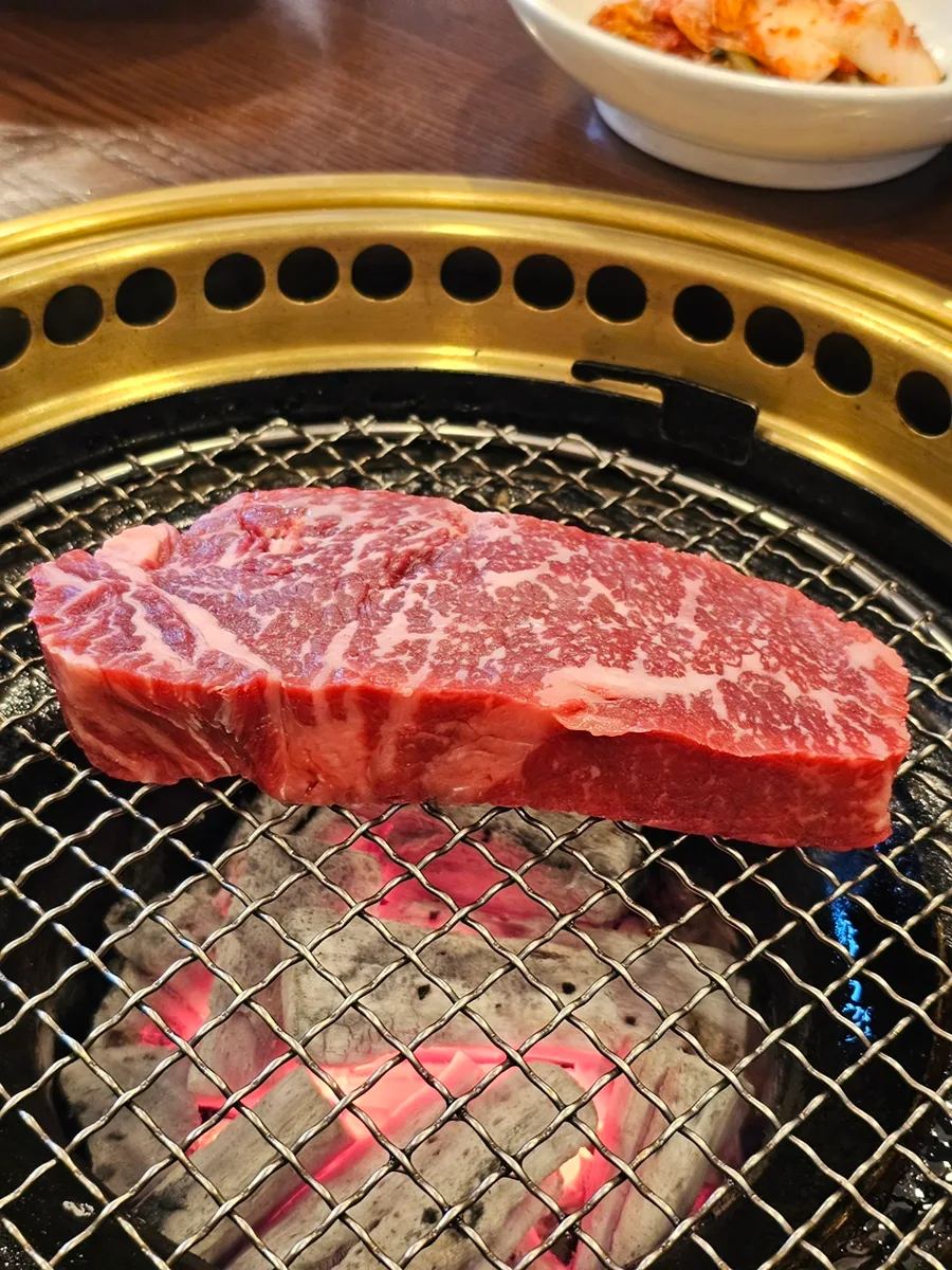 炭火網に載せた霜降り肉