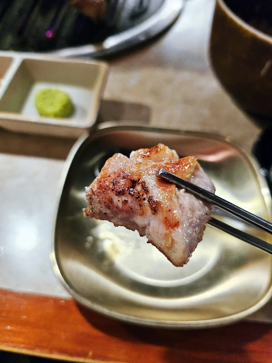 箸でつまむ炭火焼きの豚肉