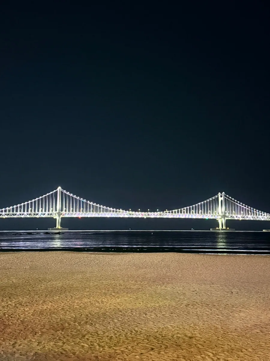 広安里海水浴場 — 夜の海に輝く広安大橋