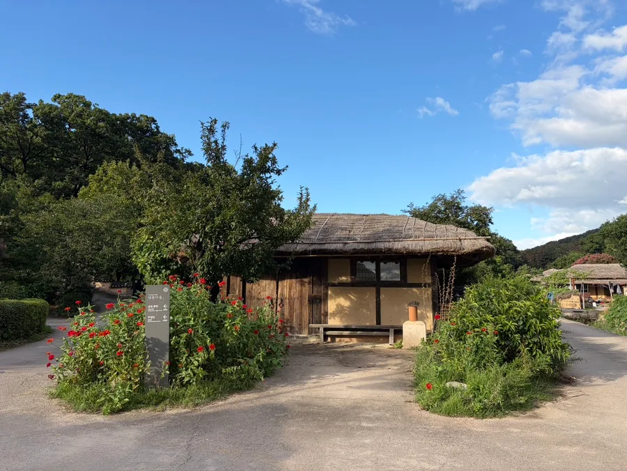 慶州良洞村 — 草ぶき屋根の家と庭先の花