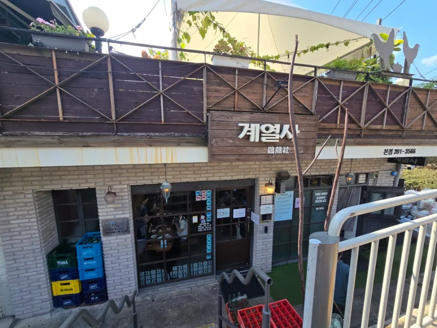 鷄熱社 本店 — 木造看板を掲げた煉瓦造りの店