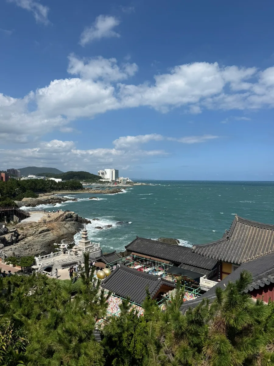 伽藍越しに広がる青い海