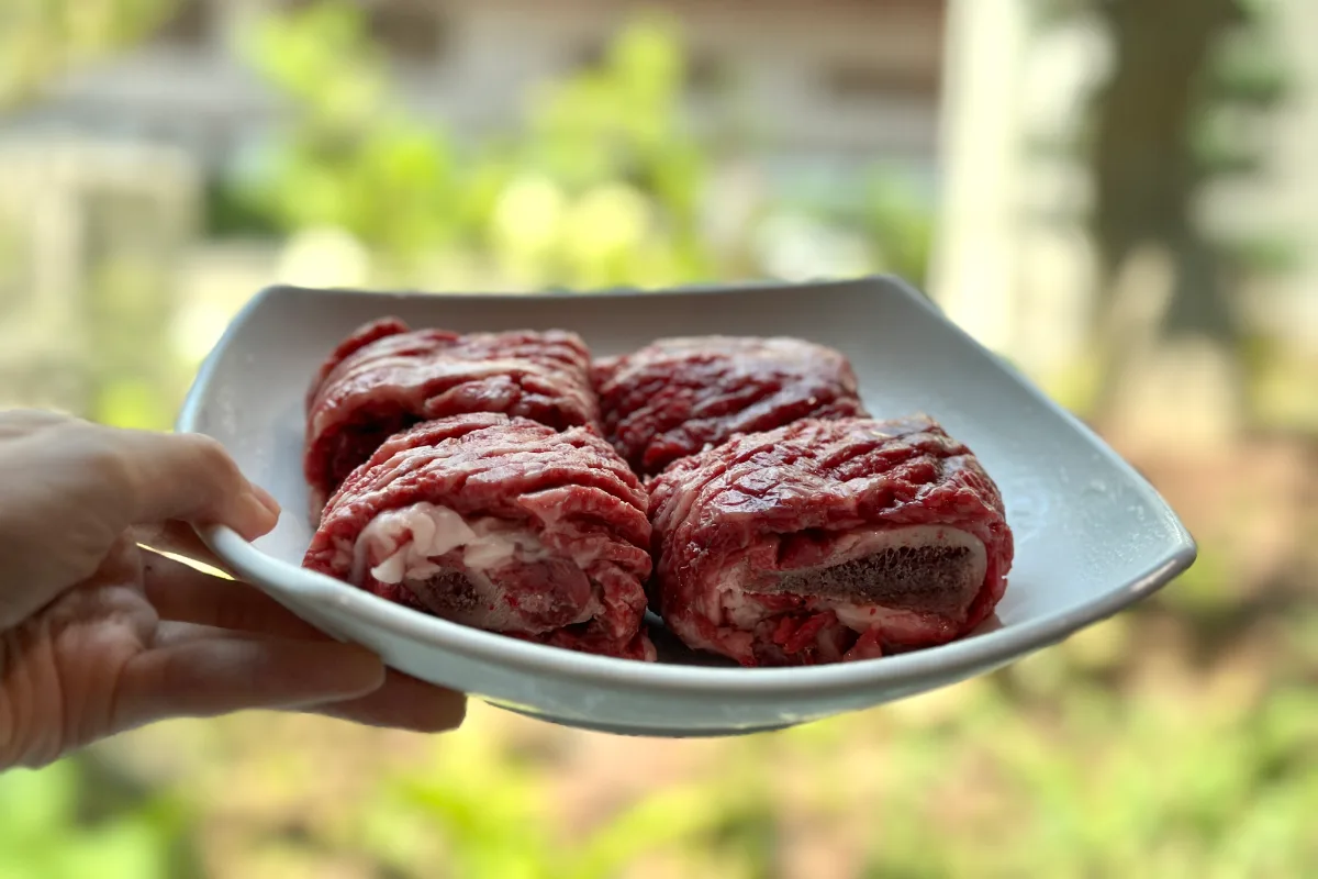緑を背景に掲げた骨付き肉