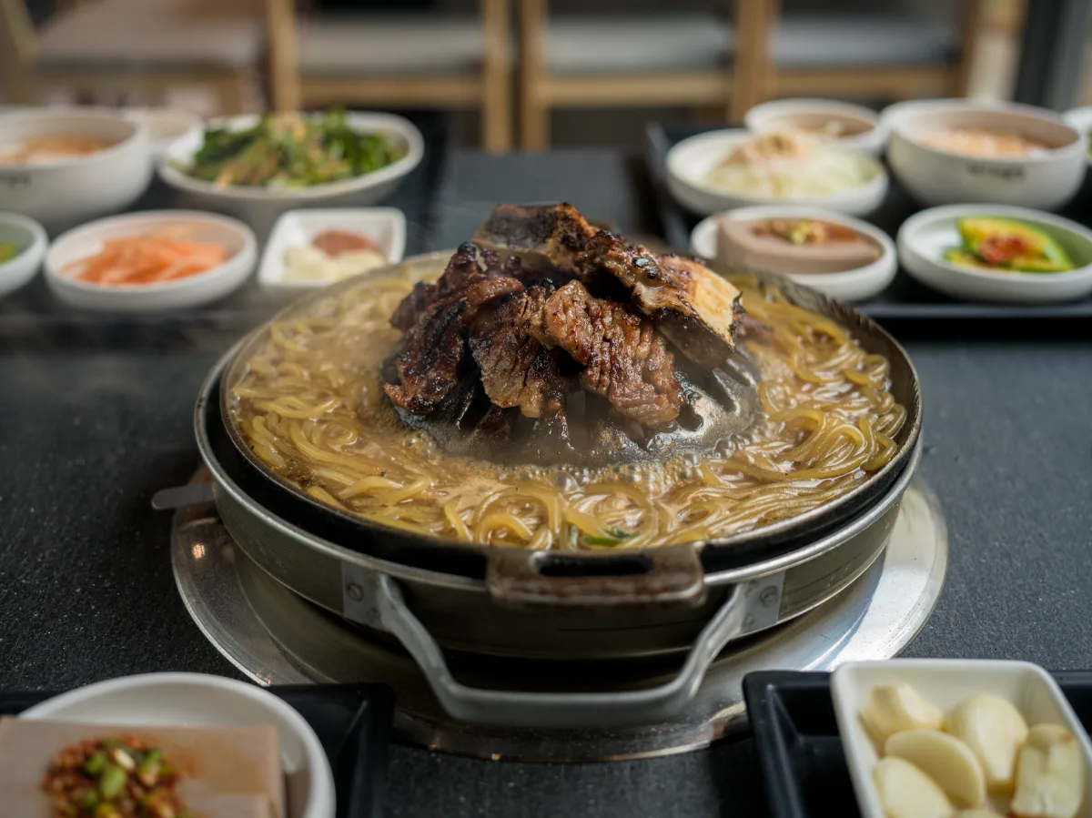 骨付き肉と麺を煮る鉄板
