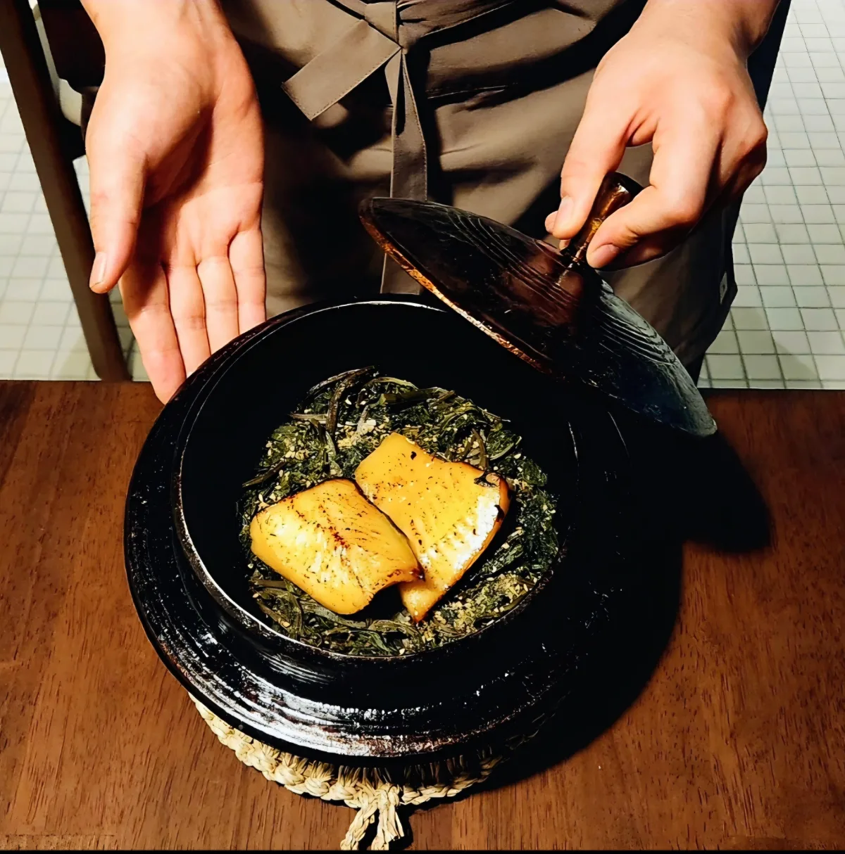 蓋を開けた釜の魚と青菜