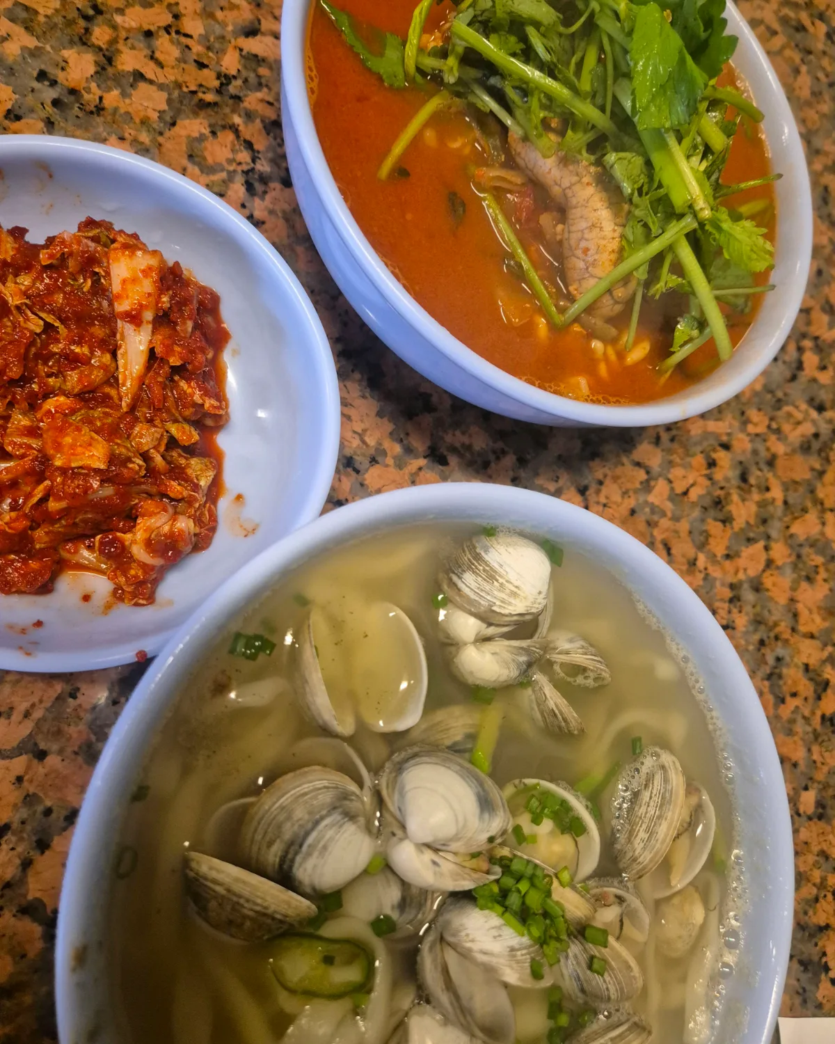 貝のカルグクスと赤い海鮮麺