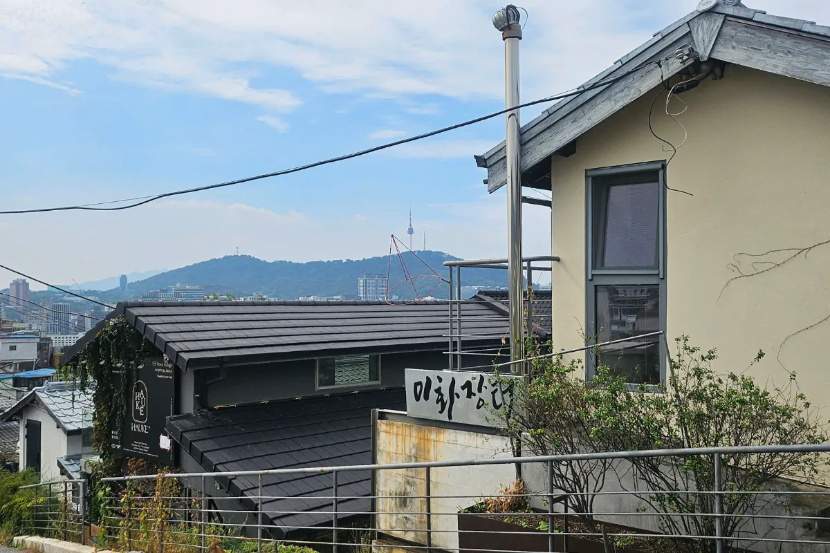 梨花村 — 南山タワーを望む屋根