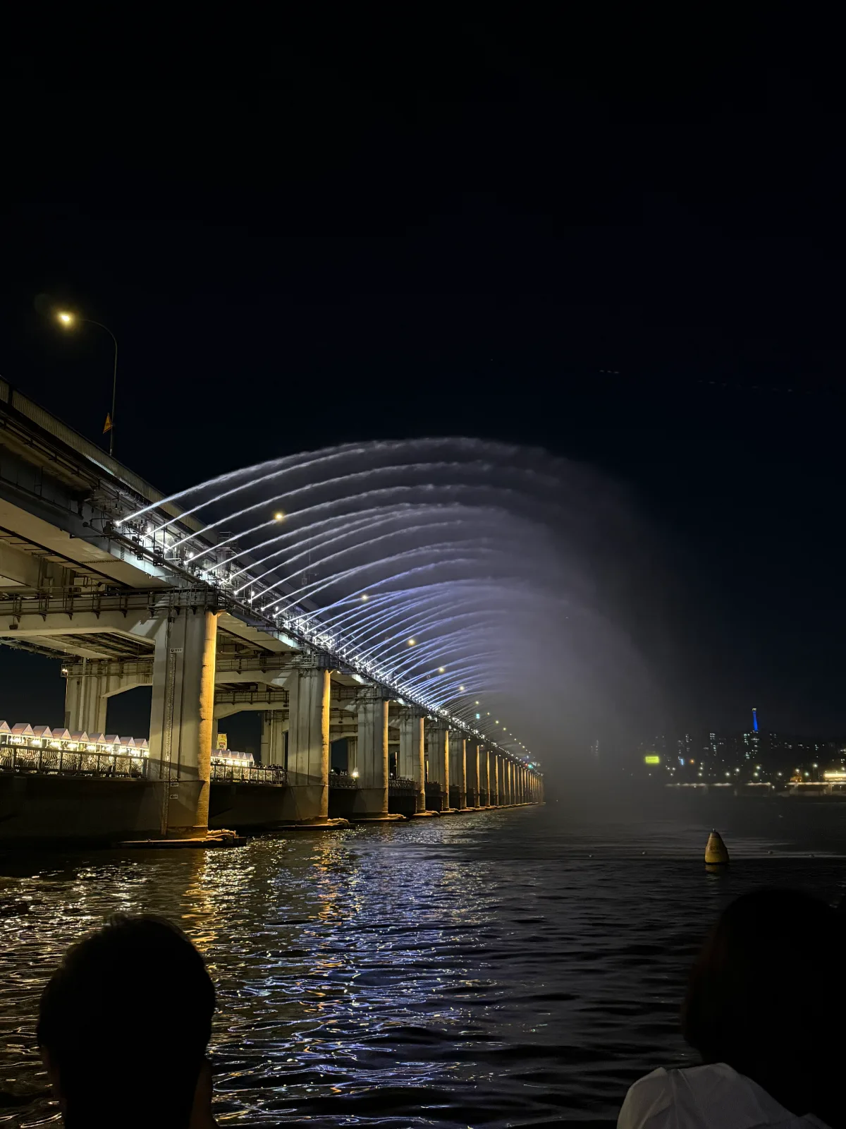 夜の漢江に弧を描く噴水