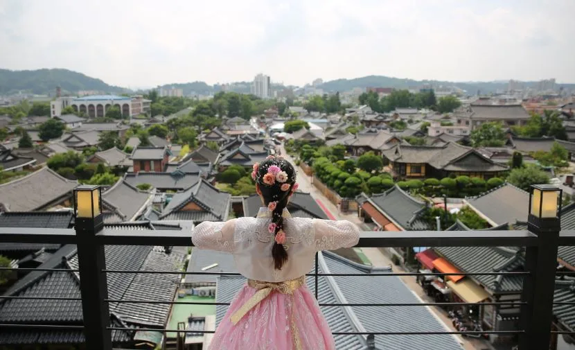 韓服姿で望む瓦屋根の町並み