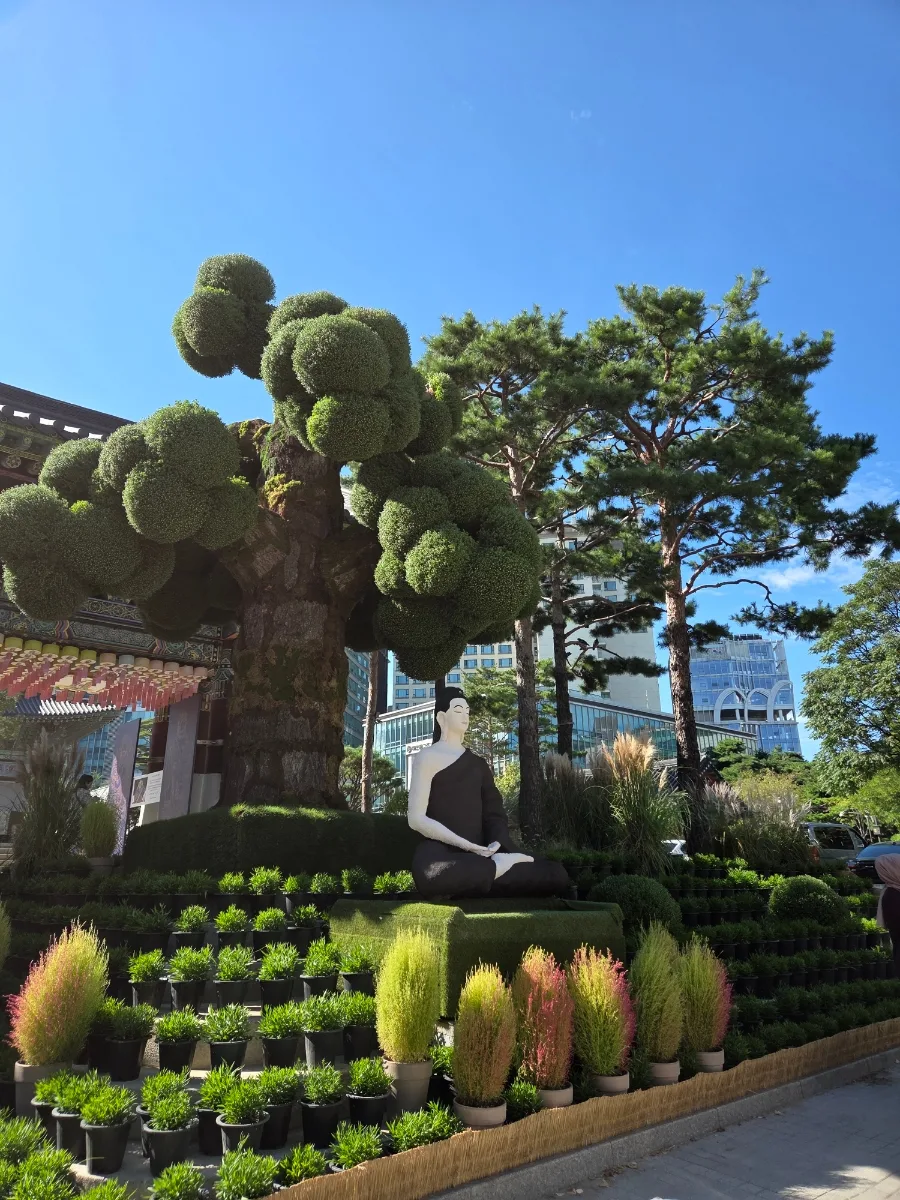 刈り込まれた大木と坐像